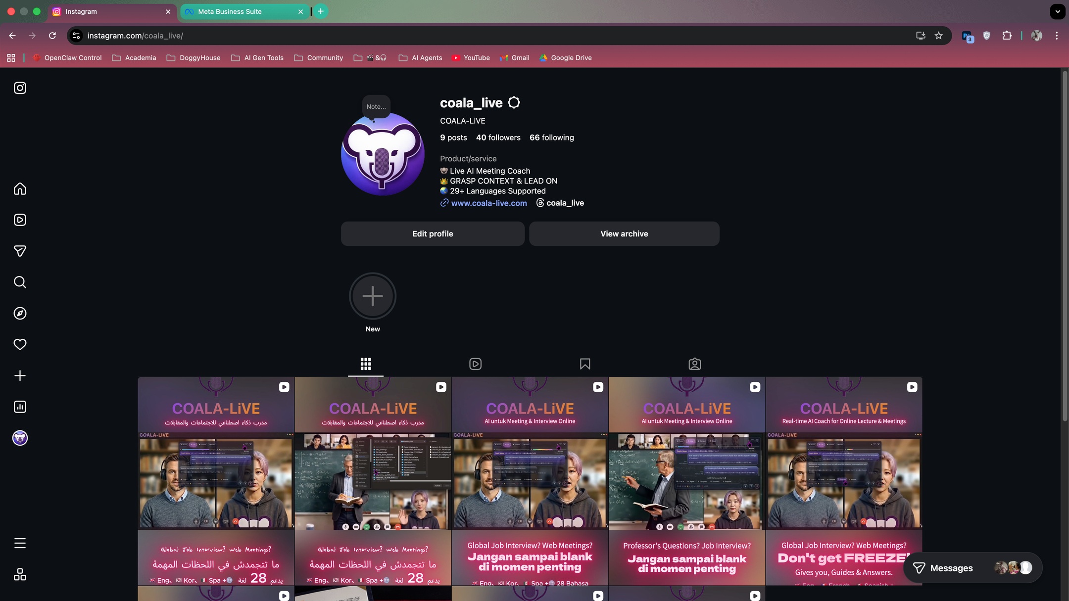 వివిధ దేశాల కోసం లోకలైజ్డ్ ad posts తో నిండిన COALA-LiVE Instagram profile grid
